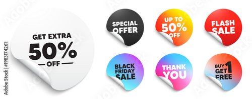 Extra discount sticker tag. Special offer paper price tags. Get Extra 50 percent off Sale. Discount offer price sign. Special offer symbol. Save 50 percentages. Discount, black friday sticker. Vector