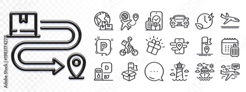 Carry-on baggage, Gps and Delivery service line icons for web app. Glare of light effect. Message icon. Pack of Car, Lighthouse, Charging time pictogram icons. Ship travel, Gift, Flag signs. Vector