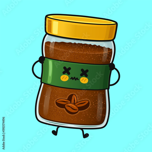 Exhausted cute instant coffee jar character needing caffeine