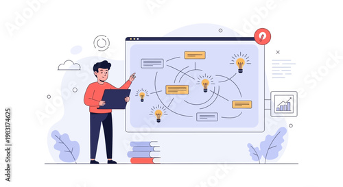 Man presenting business strategy flowchart with ideas and growth chart on screen