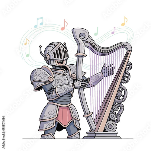 Knight playing a large harp musically.