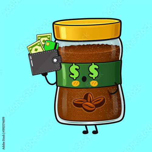Instant coffee jar character holding wallet with money