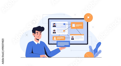 Man presenting digital profiles on screen, online recruitment and HR concept