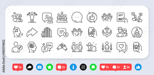Refresh like, Business podium and Volunteer line icons pack. Social media: share, comment, like icons. Agent, Analysis app, Anxiety web icon. Parcel invoice, Teamwork, Ethics pictogram. Vector