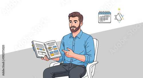 Man presenting project schedule in notebook, calendar and abstract shapes icons