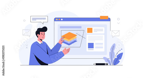 Man presenting website design with layers and content on screen, digital marketing concept