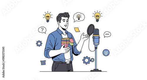 Man recording podcast with ideas and notes, concept of creativity and communication