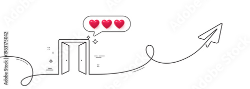 Open door line icon. Continuous line with share plane. Entrance doorway sign. Building exit symbol. Hearts rate review in speech bubble. Open door single line ribbon. Loop curve pattern. Vector