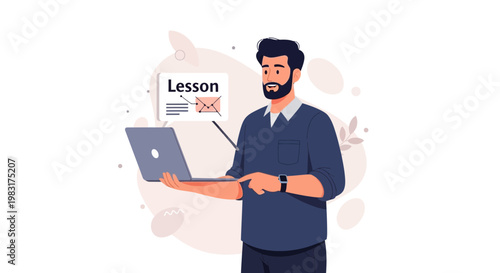Man teaching online lesson with laptop and presentation, e-learning concept