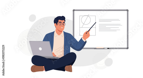 Man teaching online with laptop and whiteboard, geometric shapes, online education concept