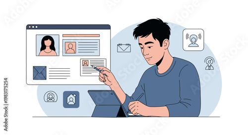 Man using tablet and computer interface, digital profile management, online identity, remote work