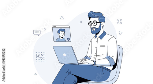 Man Video Conferencing on Laptop, Remote Work, Online Meeting, Business Communication