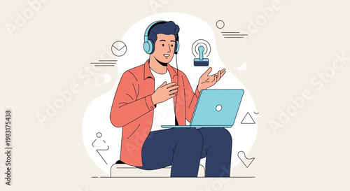 Man with headphones and laptop, podcasting or online meeting, modern flat illustration