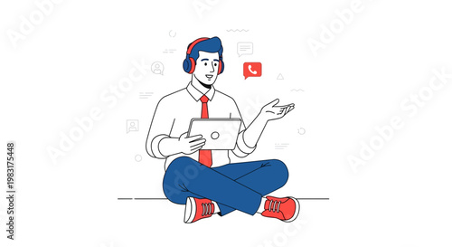 Man with headphones and tablet, working remotely, online communication, customer support concept