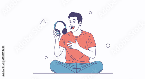 Man with headphones enjoying music, sitting cross-legged, expressing joy