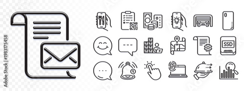 Ssd, Inventory and Map line icons for web app. Glare of light effect. Message icon. Pack of Smile face, Search, Food delivery pictogram icons. Vector