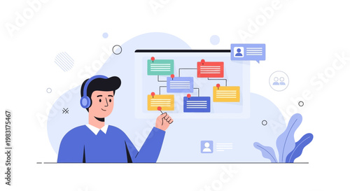 Man with headphones interacting with a digital flowchart on a screen, business strategy concept