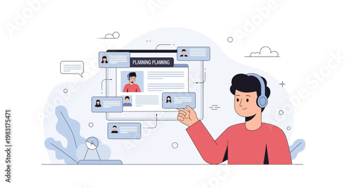 Man with headphones planning on computer, online recruitment and HR concept