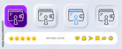 Wallet line icon. Neumorphic, Flat shadow, 3d buttons. Money purse with Info sign. Cash budget symbol. Line wallet icon. Social media icons. Vector