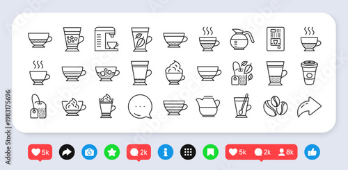 Coffee types and Tea icons. Social media: share, comment, like icons. Set of Latte, Cappuccino and Frappe icons. Espresso, Doppio and Cafe Crema. Vector