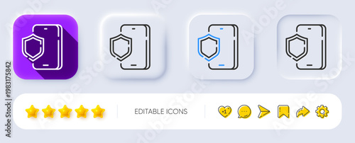 Phone protection line icon. Neumorphic, Flat shadow, 3d buttons. Smartphone or Cellphone antivirus sign. Mobile accessories symbol. Line phone protection icon. Social media icons. Vector