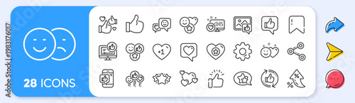 Social media line icons. Interest rate, AI generate, Inflation icons. Set - Share network, Social links and Rating linear icons. Heart, Feedback smile emotion and internet media. Vector