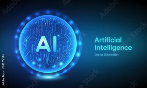 Glowing blue circuit board with ai text on a dark background vector illustration