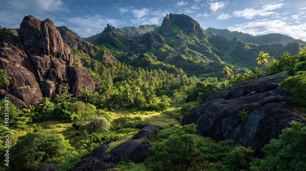 Fototapeta premium Fires of the Deep Pacific volcanic islands - Lush rainforest valley and Large basalt boulders