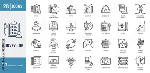 Survey job icon set. Icons related to statistic, measurement, information, methodology, construction. Outline icon set. Vector illustration with editable stroke