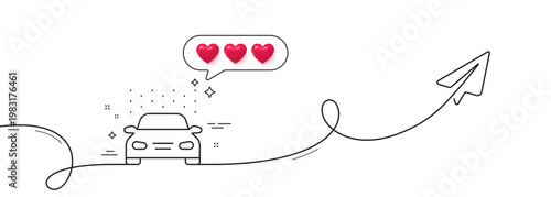Car wash line icon. Continuous line with share plane. Automatic cleaning sign. Clean vehicle symbol. Hearts rate review in speech bubble. Car wash single line ribbon. Loop curve pattern. Vector