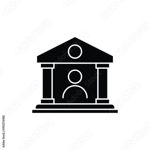 A black and white illustration of a building with columns and a person icon inside, representing a bank or government institution.