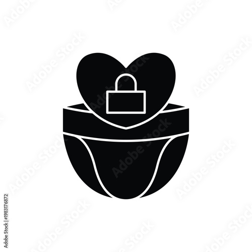 A black and white illustration of a heart with a padlock on top of a pair of underwear.