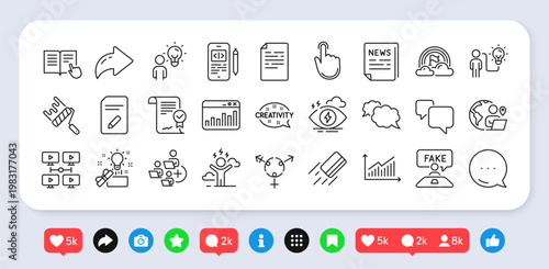 Graph, Creativity and Read instruction line icons pack. Social media: share, comment, like icons. Stress, Difficult stress, Document web icon. Creative idea, Add team, Business idea pictogram. Vector