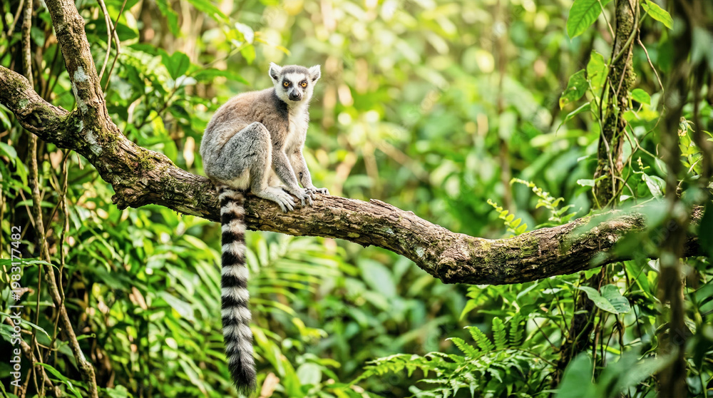 Fototapeta premium Lemur sitting on tree branch in tropical forest looking at camera