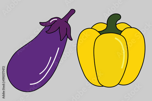 Flat vector illustration of purple eggplant and yellow bell pepper, fresh organic vegetables set, healthy food icons for cooking and grocery design