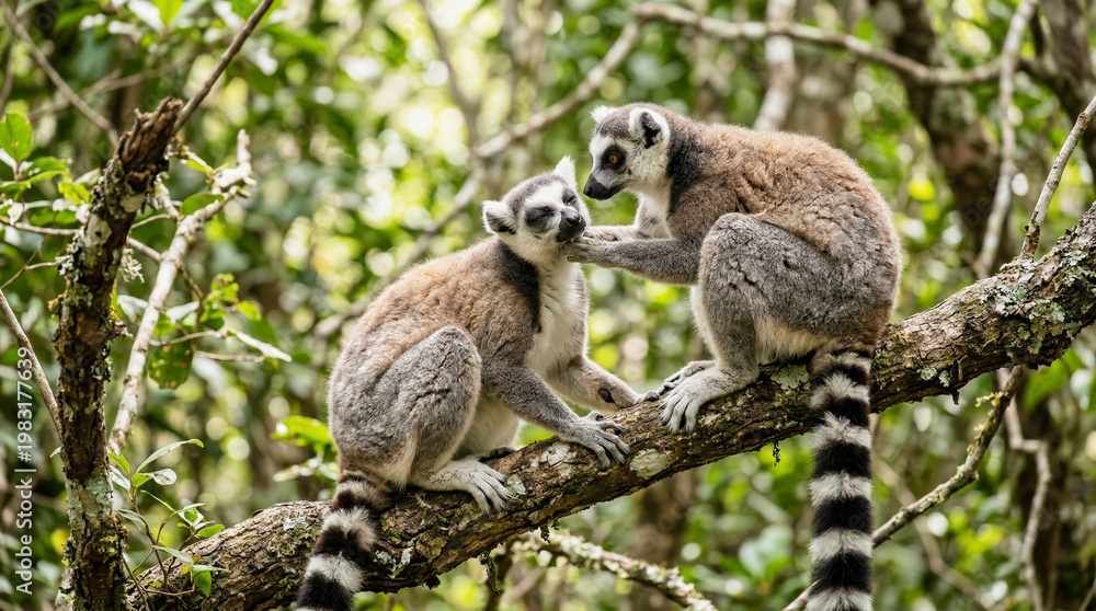 Fototapeta premium Two lemurs interacting on tree branch in tropical forest