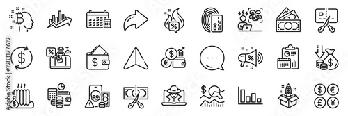 Radiator, Wallet and Bankrupt line icons pack. Share, Message, Paper plane icons. Deflation, Travel loan, Bitcoin think web icon. Phishing, Card, Fraud pictogram. Report, Startup, Usd exchange. Vector