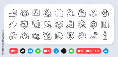 Social distance, Umbrella and Covid test line icons pack. Social media: share, comment, like icons. Vision board, Vaccine protection, Cleaning liquids web icon. Vector