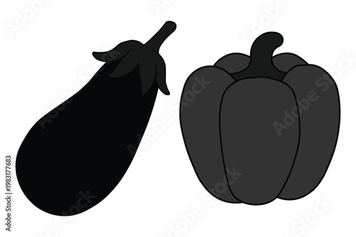 Minimalist eggplant and bell pepper vector icons, black silhouette vegetable set, flat organic food illustrations for kitchen and menu design