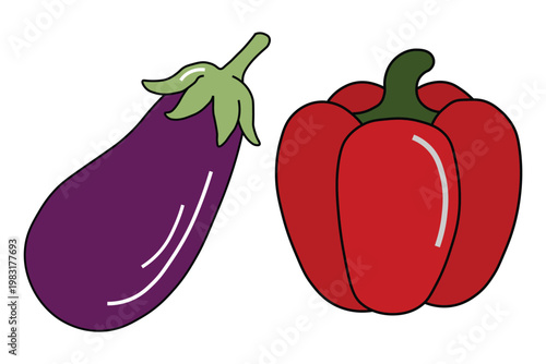 Flat vector illustration of purple eggplant and red bell pepper, fresh organic vegetables set, simple cartoon style garden produce icons