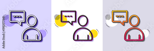 User communication line icon. Halftone dotted pattern. Gradient icon with grain shadow. Person with chat speech bubble sign. Human silhouette symbol. Line users chat icon. Various designs. Vector