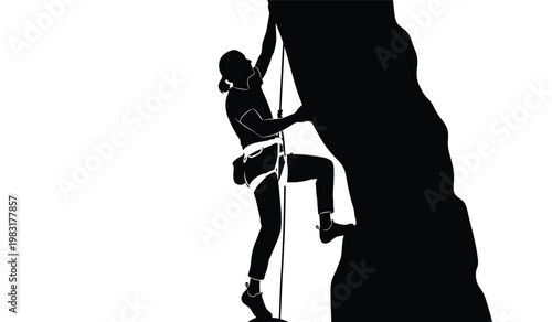 A dynamic image depicts a rock climber scaling a steep cliff face powerfully reaching for a hold a striking silhouette high quality professional detailed