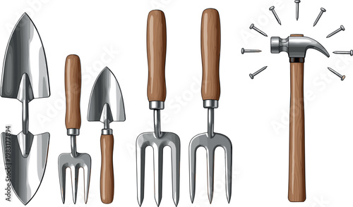 Gardening Tools and Hammer Set, Trowels, Forks, and Hammer for Outdoor Garden Work and Landscaping Designs