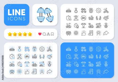 Winner star, Bicycle prohibited and Best result line icons for web app. Message, Share, Like social media icons. Pack of Dumbbells, Bike path, Winner reward pictogram icons. Vector