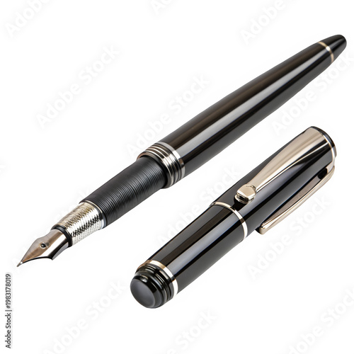 Metallic black ballpoint and fountain pen isolated on transparent background