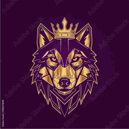 Geometric Wolf Head with Royal Crown Illustration.