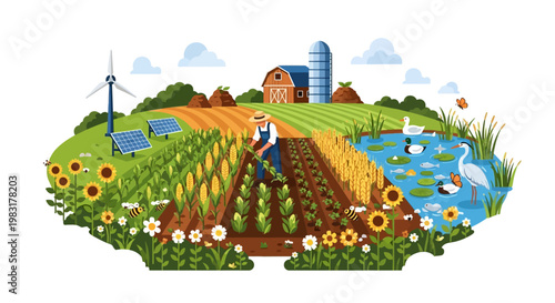 Vibrant agricultural landscape illustrating sustainable farming practices with renewable energy, diverse crops, and a healthy ecosystem, showcasing a modern eco-friendly farm lifestyle