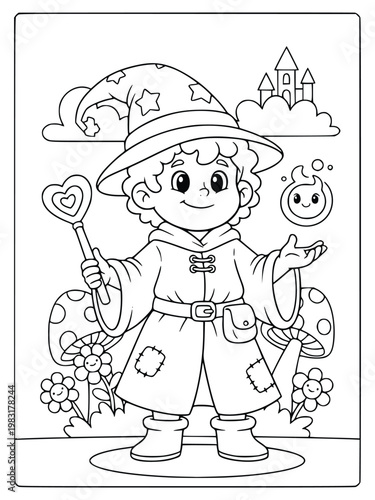  Coloring page featuring a cute wizard with a magic wand and starry robe
