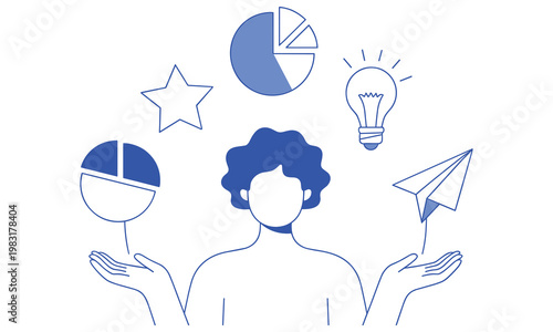 Businessman juggling multiple tasks with graphs and lightbulb ideas floating above