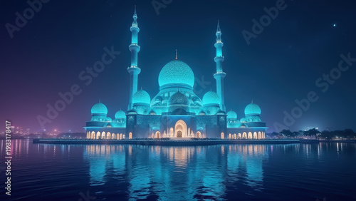 Futuristic mosque with bioluminescent domes and minaret light beams over dark ocean, deep purple night background